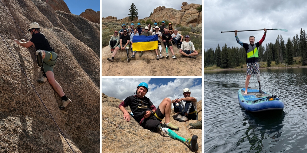 Photos of the Unconquered Ukraine group rock climbing and paddle boarding.