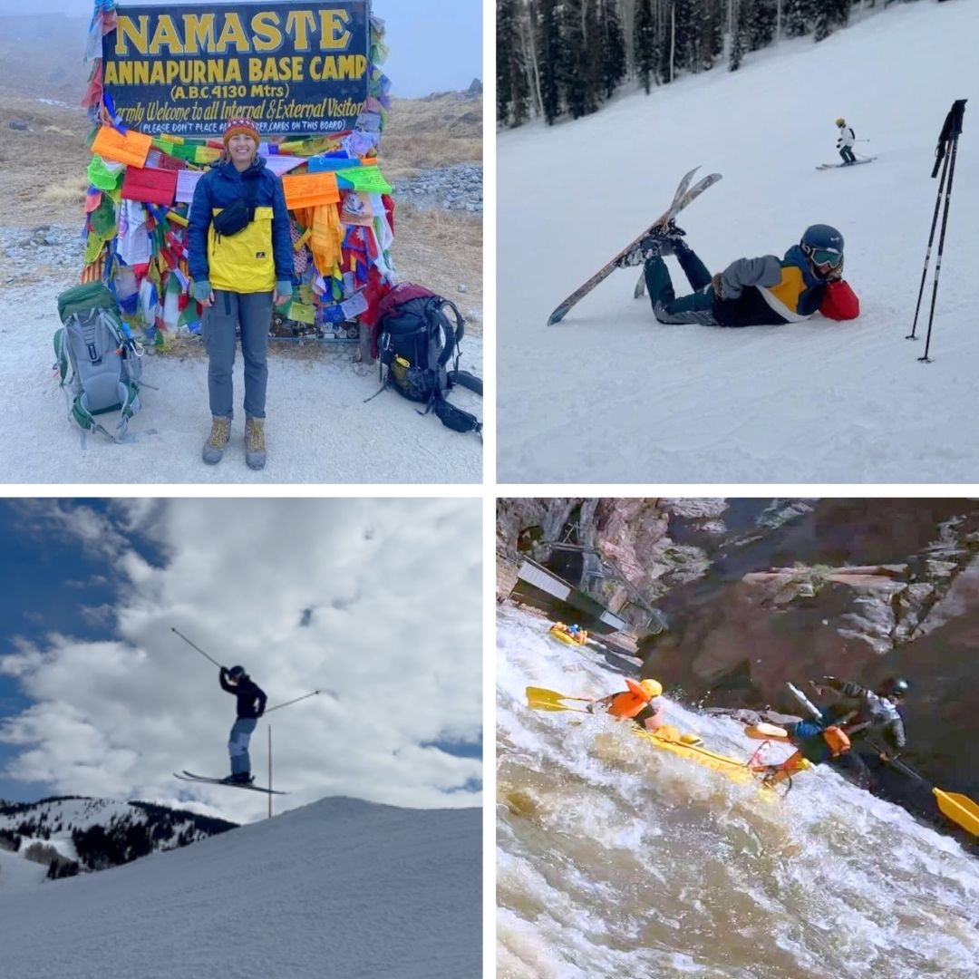 Photos of Olivia skiing, rafting and traveling.